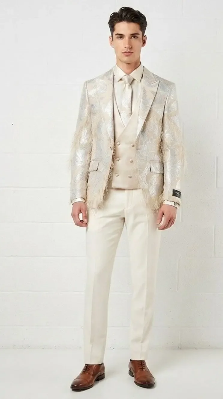 Torres Mens Tuxedo Suit 38 US 48 EU Beige Floral Borcade Tasseled 3pcs Set N11